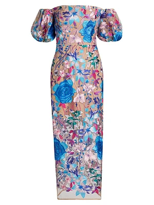 Nira Floral Embroidered Off-the-Shoulder Midi-Dress