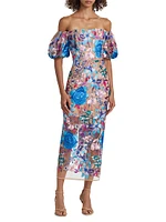 Nira Floral Embroidered Off-the-Shoulder Midi-Dress