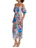 Nira Floral Embroidered Off-the-Shoulder Midi-Dress