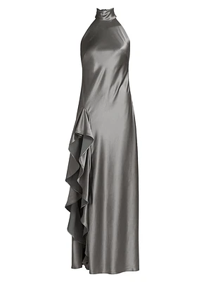 Satin Halter Draped Maxi Dress