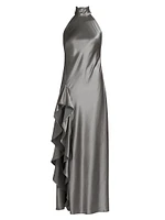 Satin Halter Draped Maxi Dress