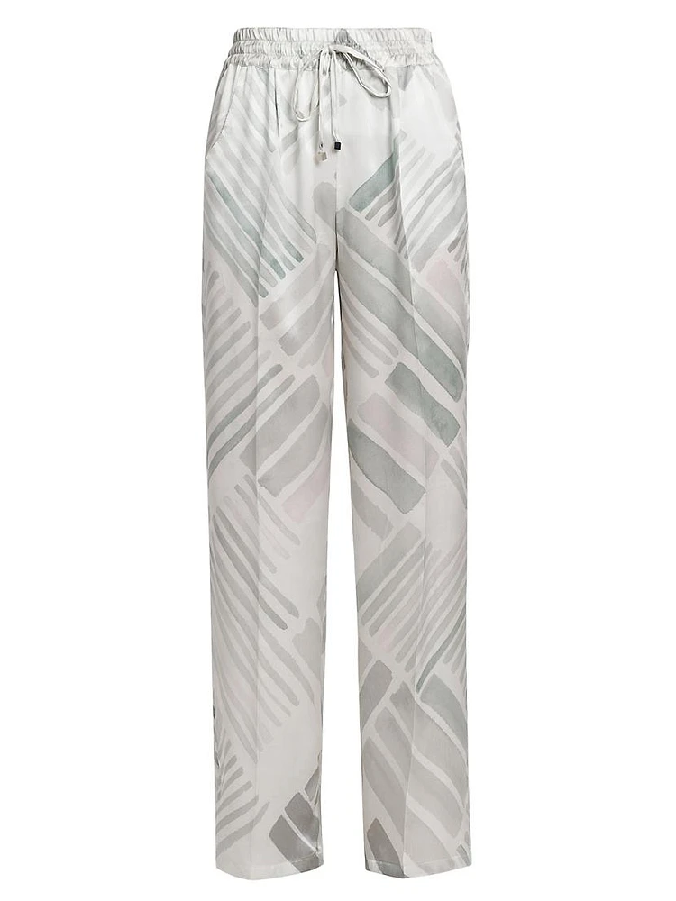 Abstract Silk Drawstring Straight-Leg Pants