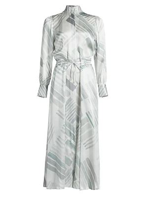 Abstract Silk Long-Sleeve Maxi Dress