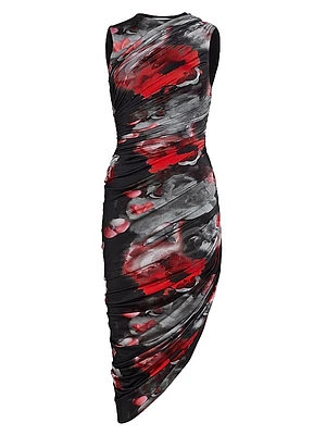 Abstract-Print Ruched Asymmetric Midi-Dress