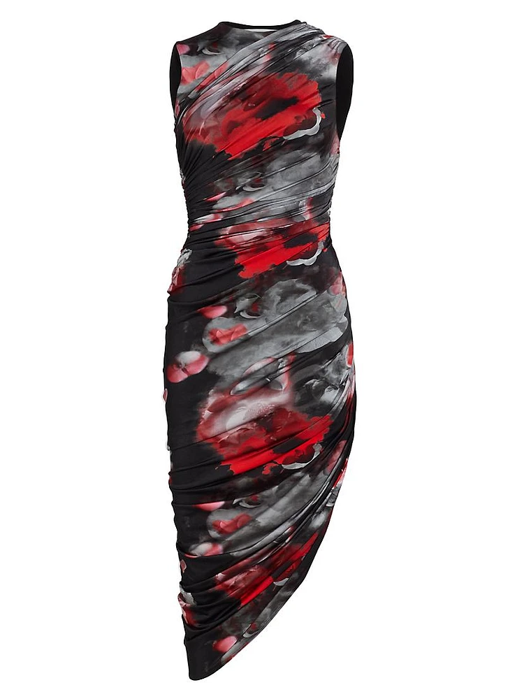 Abstract-Print Ruched Asymmetric Midi-Dress