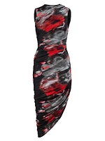 Abstract-Print Ruched Asymmetric Midi-Dress