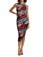 Abstract-Print Ruched Asymmetric Midi-Dress