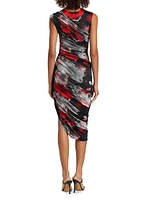 Abstract-Print Ruched Asymmetric Midi-Dress