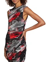 Abstract-Print Ruched Asymmetric Midi-Dress