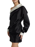 Satin Trimmed One-Shoulder Minidress