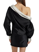 Satin Trimmed One-Shoulder Minidress
