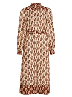 Melody Geometric Linen Belted Midi-Dress
