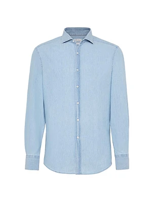 Denim Effect Chambray Slim Fit Shirt with Spread Collar