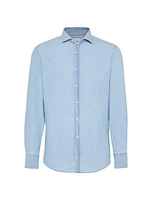 Denim Effect Chambray Slim Fit Shirt with Spread Collar