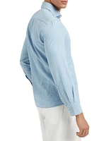 Denim Effect Chambray Slim Fit Shirt with Spread Collar