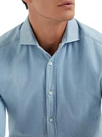 Denim Effect Chambray Slim Fit Shirt with Spread Collar