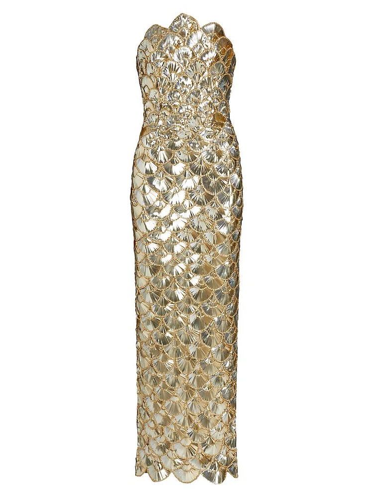 Strapless Sequin Scallop Column Gown