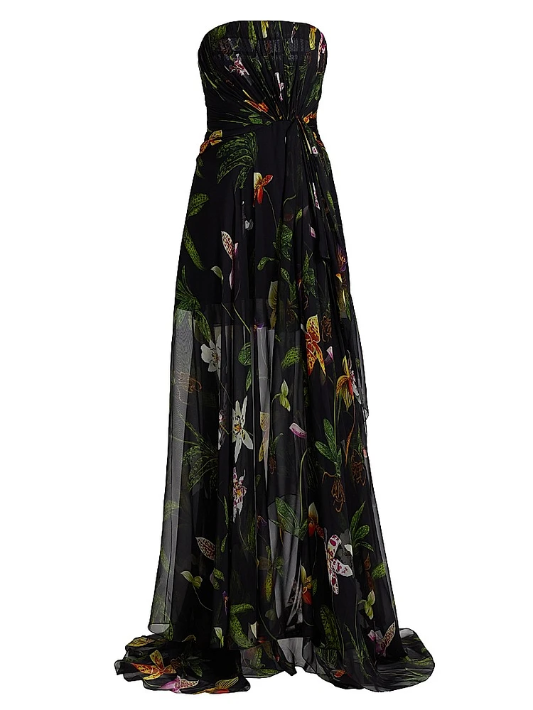 Orchids Silk Chiffon Strapless Drape Gown