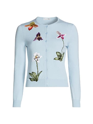 Floral-Embroidered Wool Cardigan