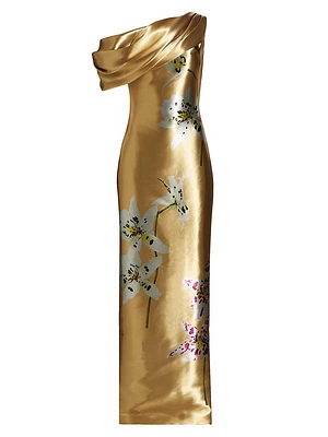 Metallic Orchid Draped Column Gown