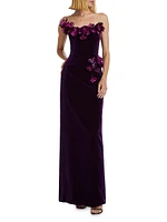 Floral Appliqué Velvet Strapless Gown