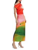 Watercolor Jersey Draped Maxi Dress