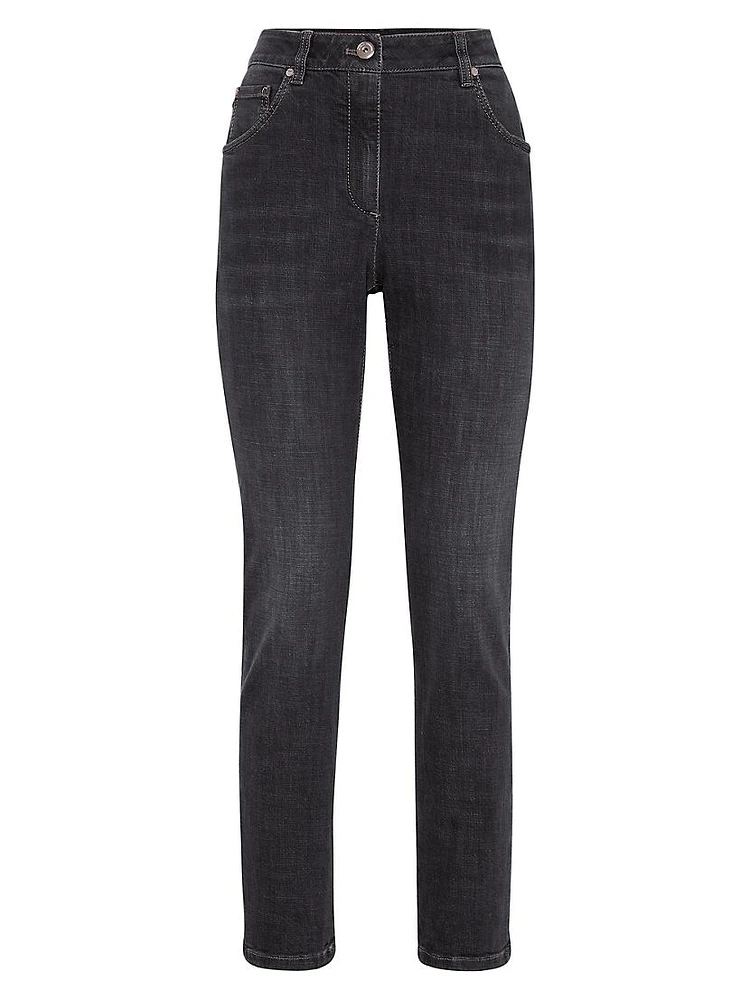 Stretch Denim Slim Trousers with Shiny Leather Tab