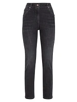 Stretch Denim Slim Trousers with Shiny Leather Tab