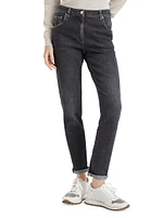 Stretch Denim Slim Trousers with Shiny Leather Tab