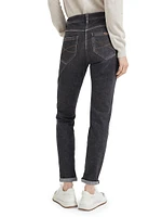 Stretch Denim Slim Trousers with Shiny Leather Tab