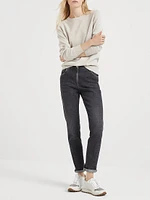 Stretch Denim Slim Trousers with Shiny Leather Tab