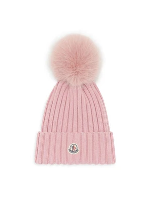 Girl's Logo Patch Wool Ribbed Beanie with Pom