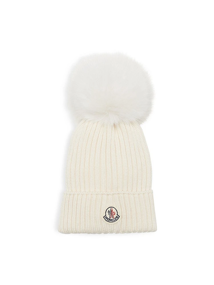 Girl's Logo Patch Wool Ribbed Beanie with Pom
