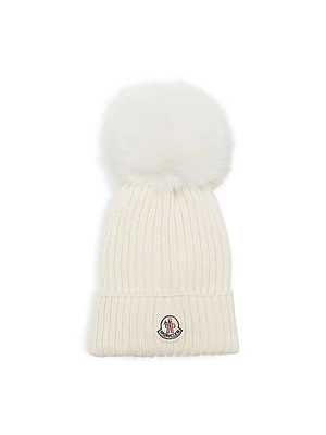 Girl's Logo Patch Wool Ribbed Beanie with Pom