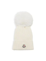 Girl's Logo Patch Wool Ribbed Beanie with Pom