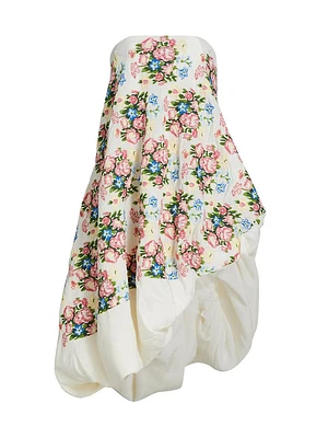 Strapless Floral-Embroidered Midi-Dress