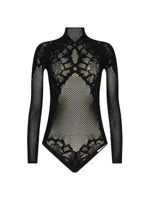 Floral Lace Fishnet Mock-Turtleneck Bodysuit