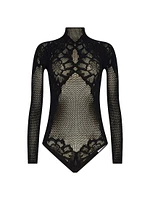 Floral Lace Fishnet Mock-Turtleneck Bodysuit