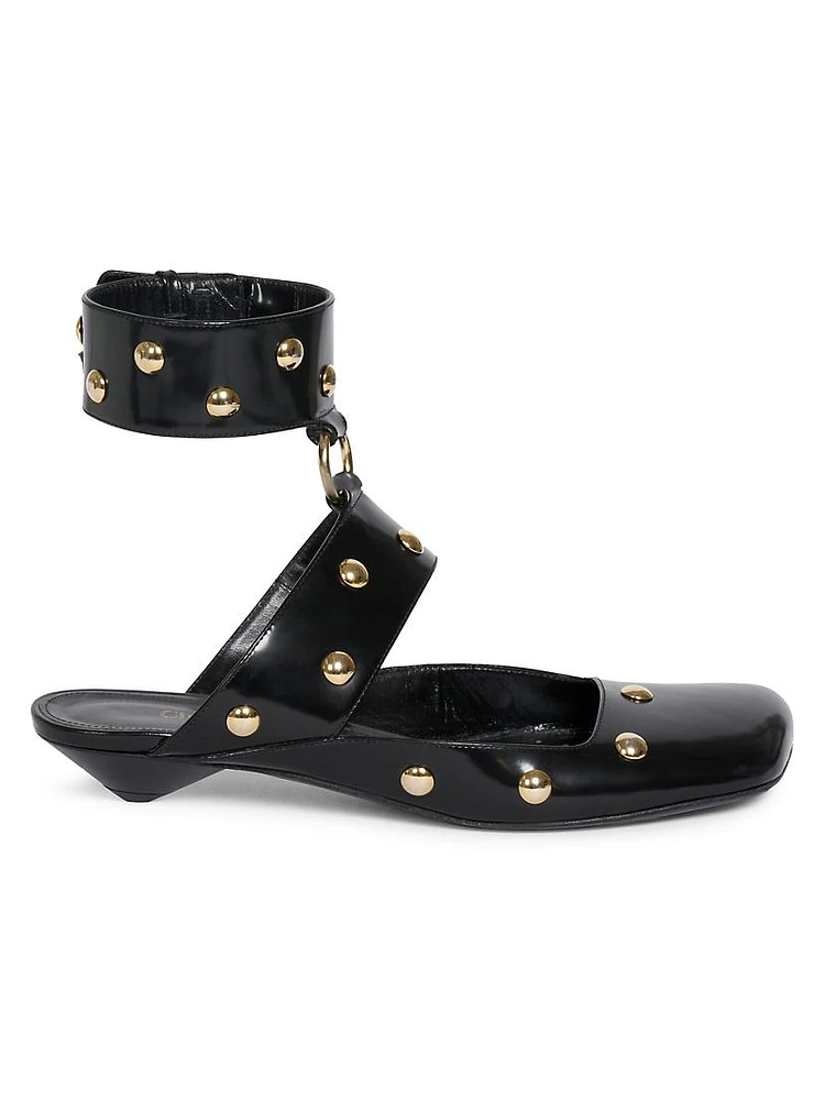 Jade Studded Leather Ankle-Wrap Flats