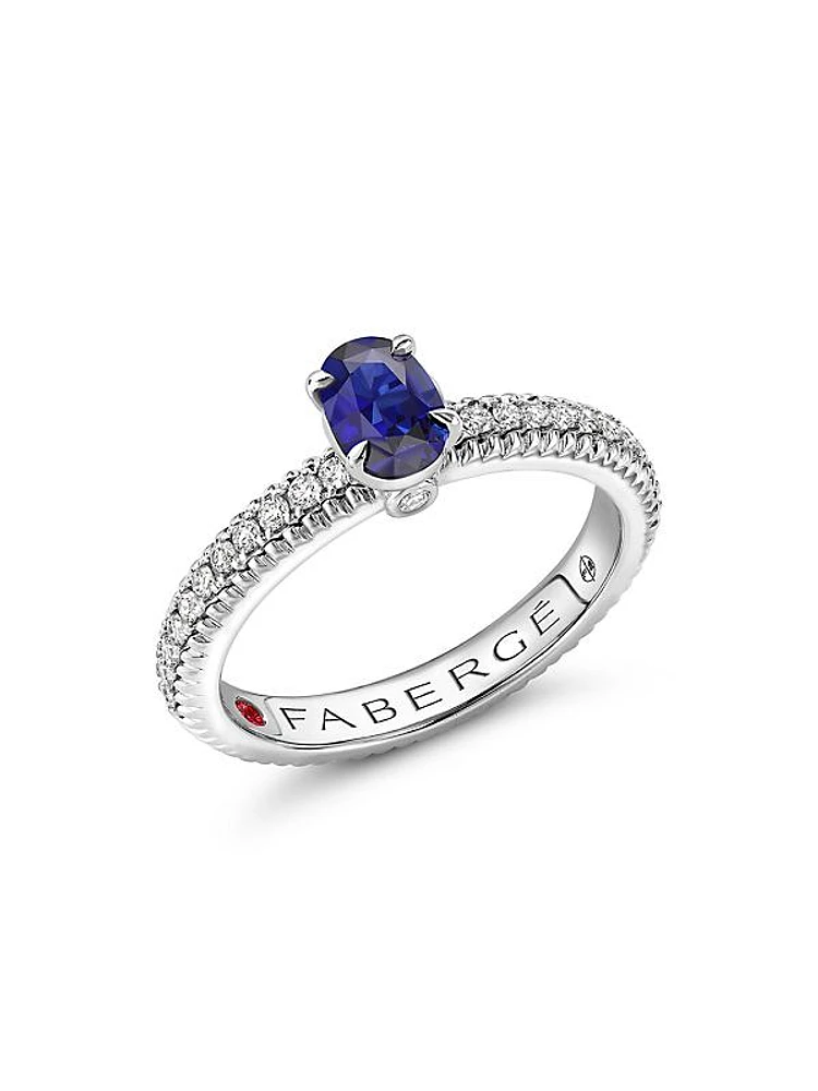 Colours of Love White Gold Blue Sapphire Fluted Ring with Diamond Shoulders