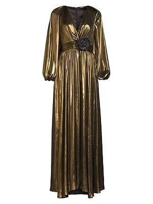 Darya Metallic Lamé Balloon-Sleeve Gown