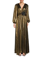 Darya Metallic Lamé Balloon-Sleeve Gown