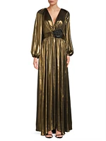 Darya Metallic Lamé Balloon-Sleeve Gown