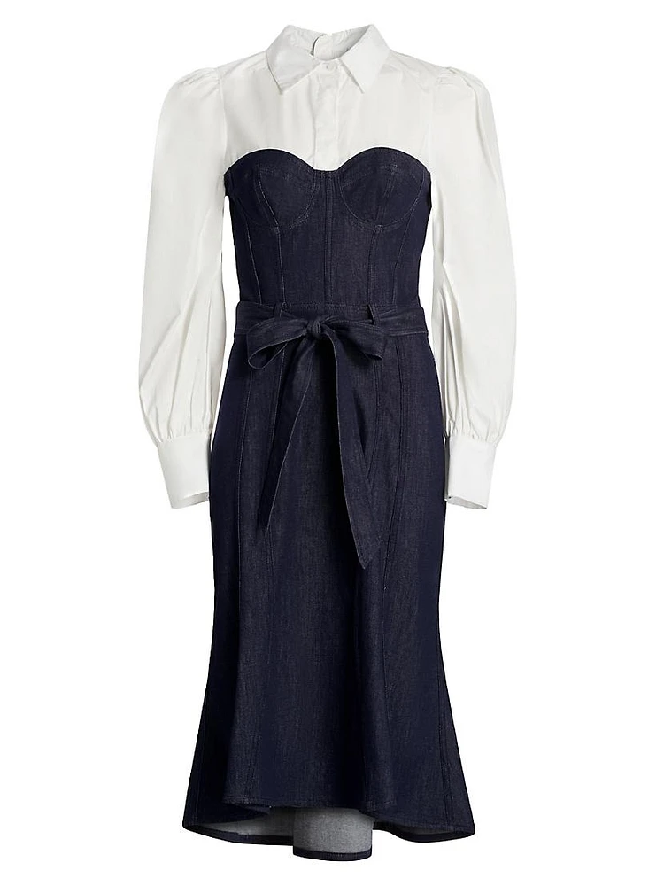 Denim Poplin Bustier Midi-Dress