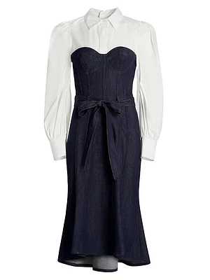 Denim Poplin Bustier Midi-Dress