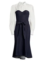 Denim Poplin Bustier Midi-Dress