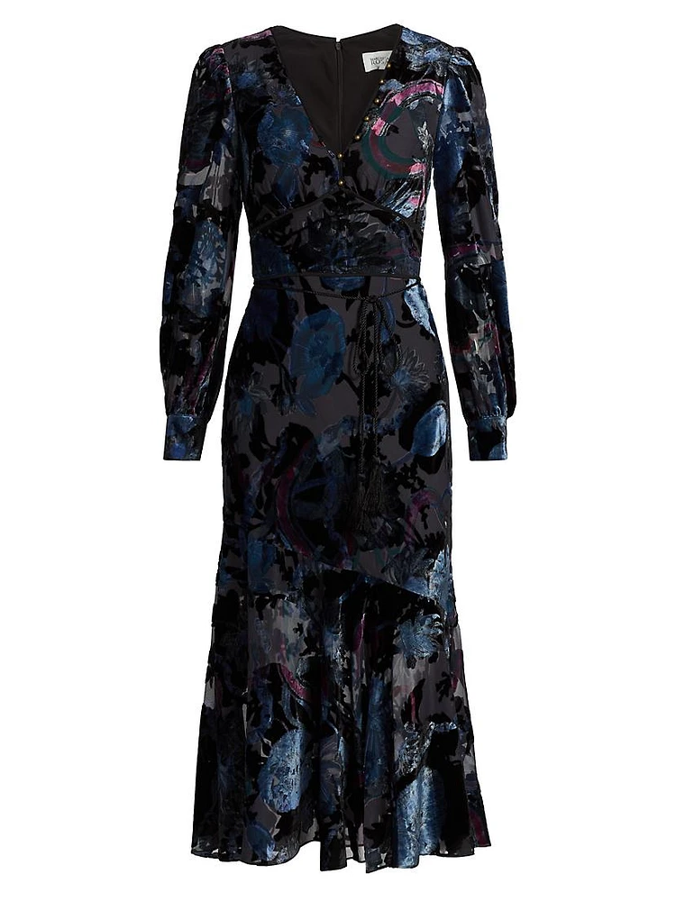 Velvet Burnout V-Neck Midi-Dress