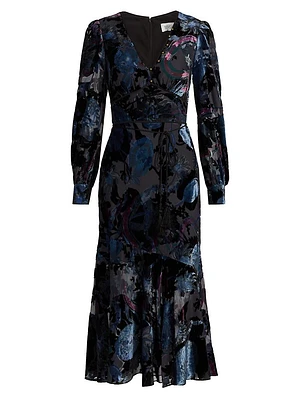 Velvet Burnout V-Neck Midi-Dress