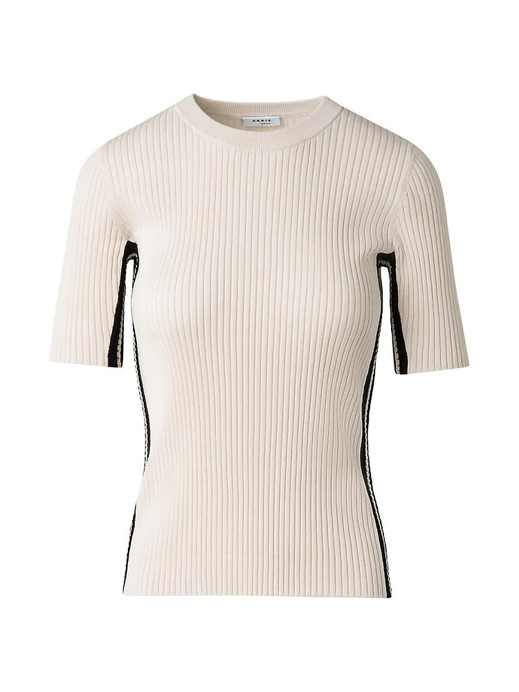 Fitted Cotton Rib-Knit Short-Sleeve Sweater