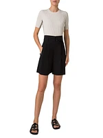 Fitted Cotton Rib-Knit Short-Sleeve Sweater